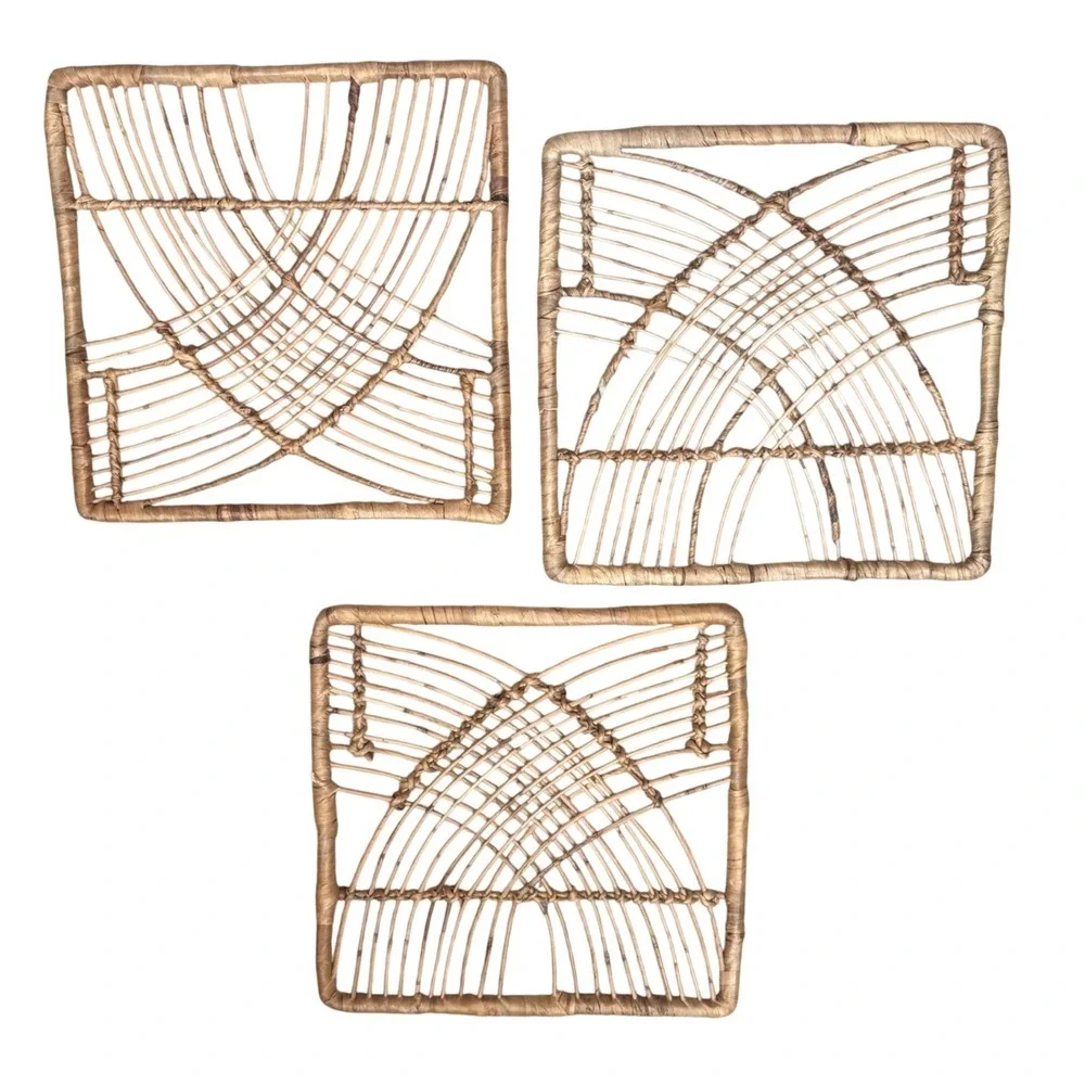 Vtg Wicker Wall Art Set of 3 Boho Rattan Geometric Hanging Decor Mid Century 14